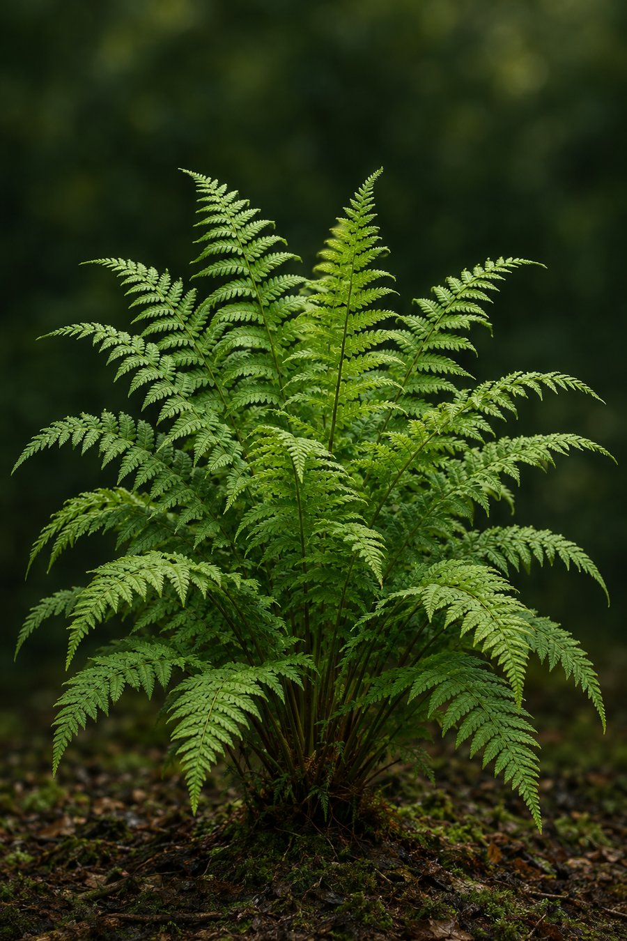 A young fern fiddlehead up close beside a tall fern in warm light