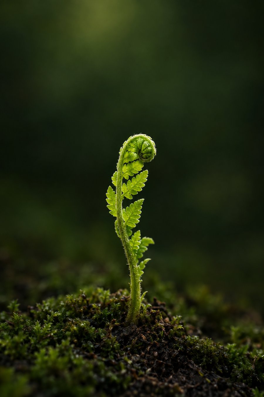 Three young fern fiddleheads unfurling in a sunlit forest